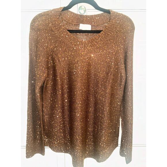 Soft Surroundings Brown Sequin V Neck Long Sleeve Shimmer Sweater PetiteXS - Picture 1 of 3